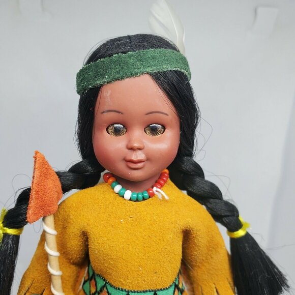 Indien Art Eskimo Doll Moving Eyelids Real Wood Stand Authentic Clothing Vintage - Picture 7 of 12
